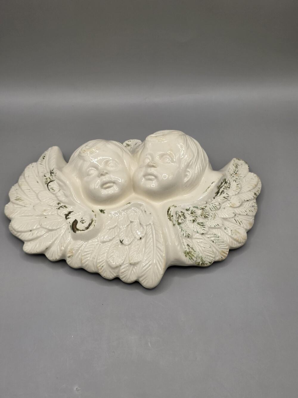 Vintage Ceramic Twin Cherub Angel Wings Replacement Lid Trinket Box Wall Plaque